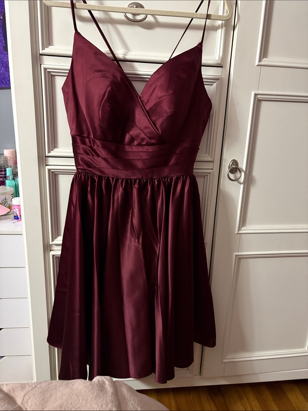 Christina Wu 22778 Mahogany Satin Mini Dress with Spaghetti Straps